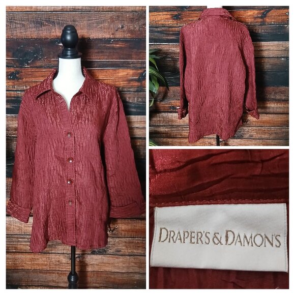 NEW Drapers & Damons Top Blouse 2X Burgundy Wine Crinkle Button Up Cuffed Sleeve - Picture 1 of 10